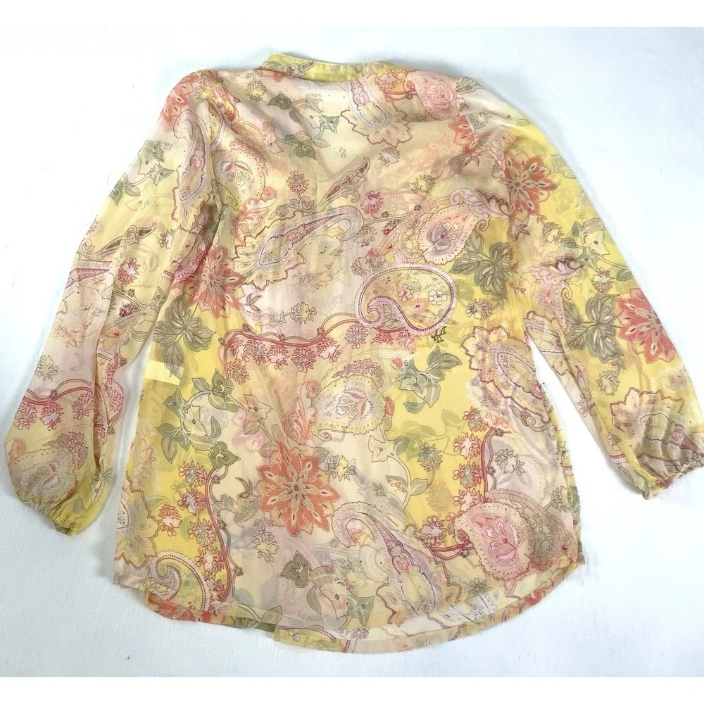 Susan Graver Blouse Popover V-neck Top Size S Yellow Colorful Semi Sheer Floral - Picture 9 of 14